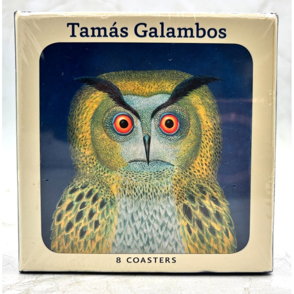 Tamás Galambos Owl Cork-Backed Laminated Coasters Pomegranate New Sealed Qty 8
